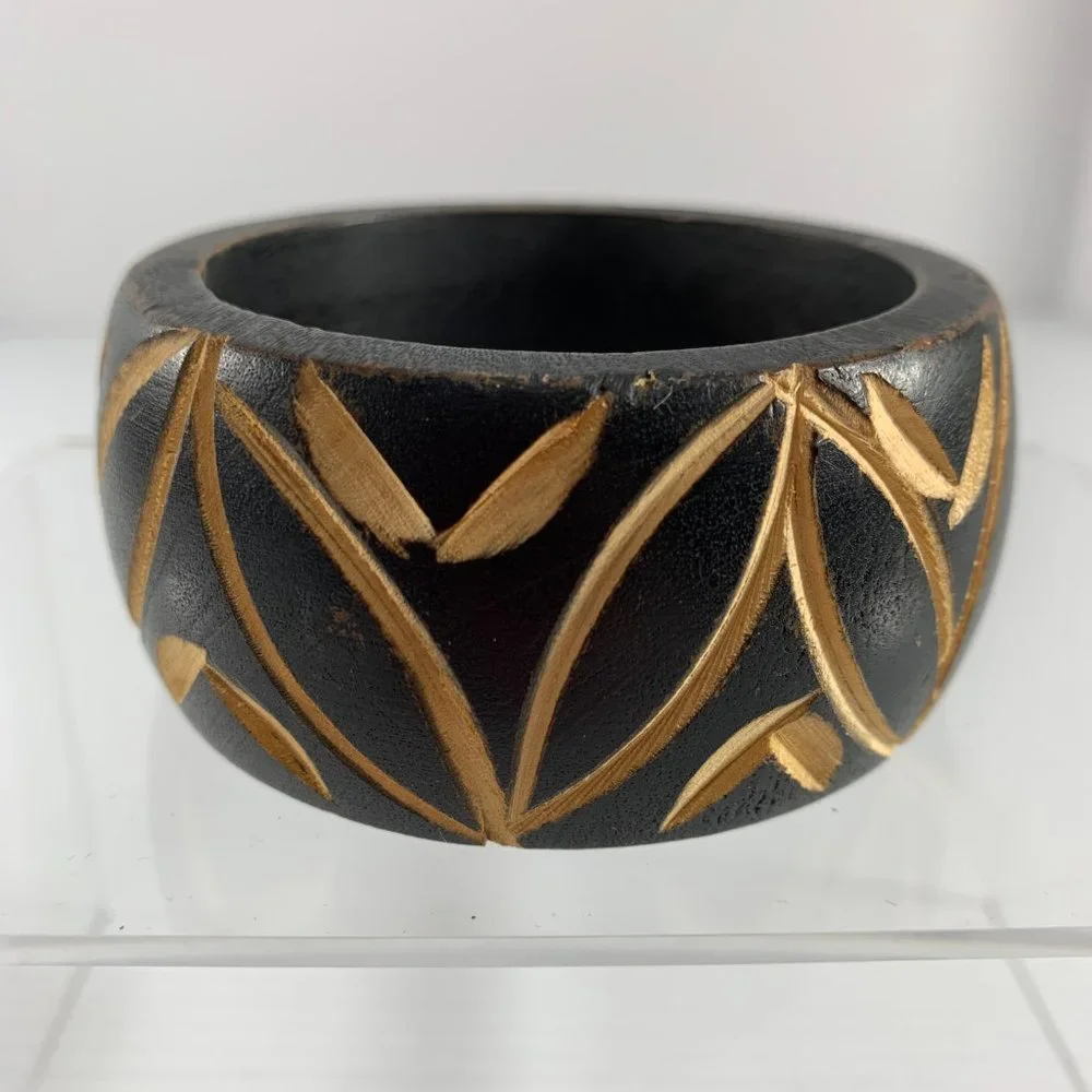 Wood Etched Bangle Bracelet Black Brown Leaf Pattern Ethnic 1.5